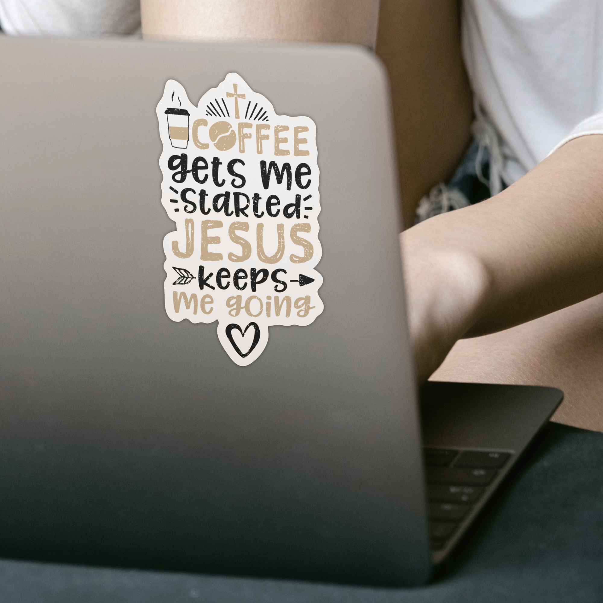 Coffee Gets Me Started Jesus Keeps Me Going Sticker - DESIGNSBYJNK5.COM