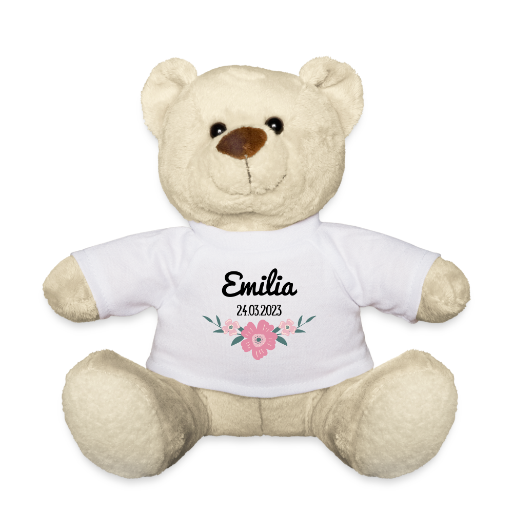 Teddy mit Name + Geburtsdatum Teddybär (personalisierbar) - weiß
