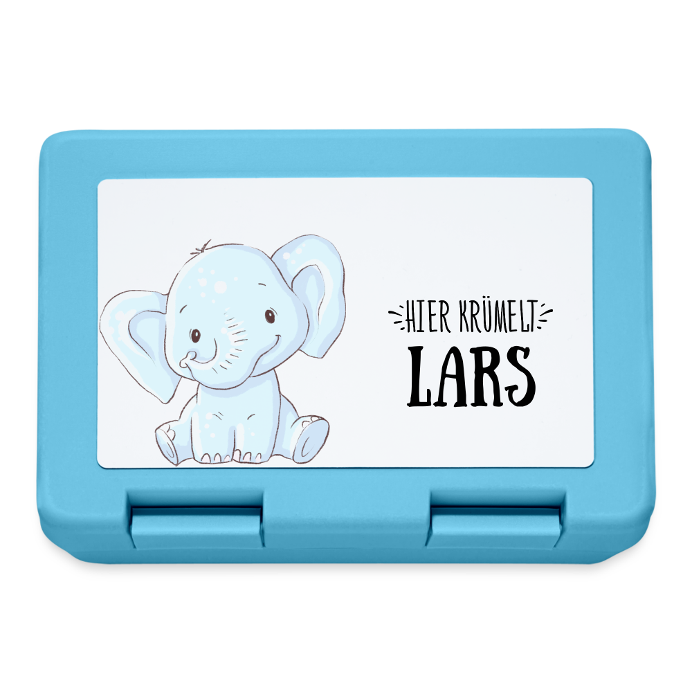 Hier krümelt Elefant + Namen Brotdose (personalisierbar) - Saphirblau