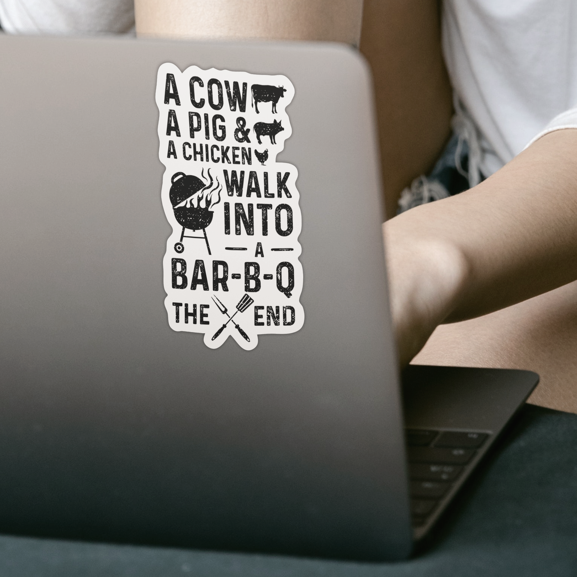 A Cow A Chicken And A Pig Walk Into A Bar-B-Q The End Sticker - DESIGNSBYJNK5.COM