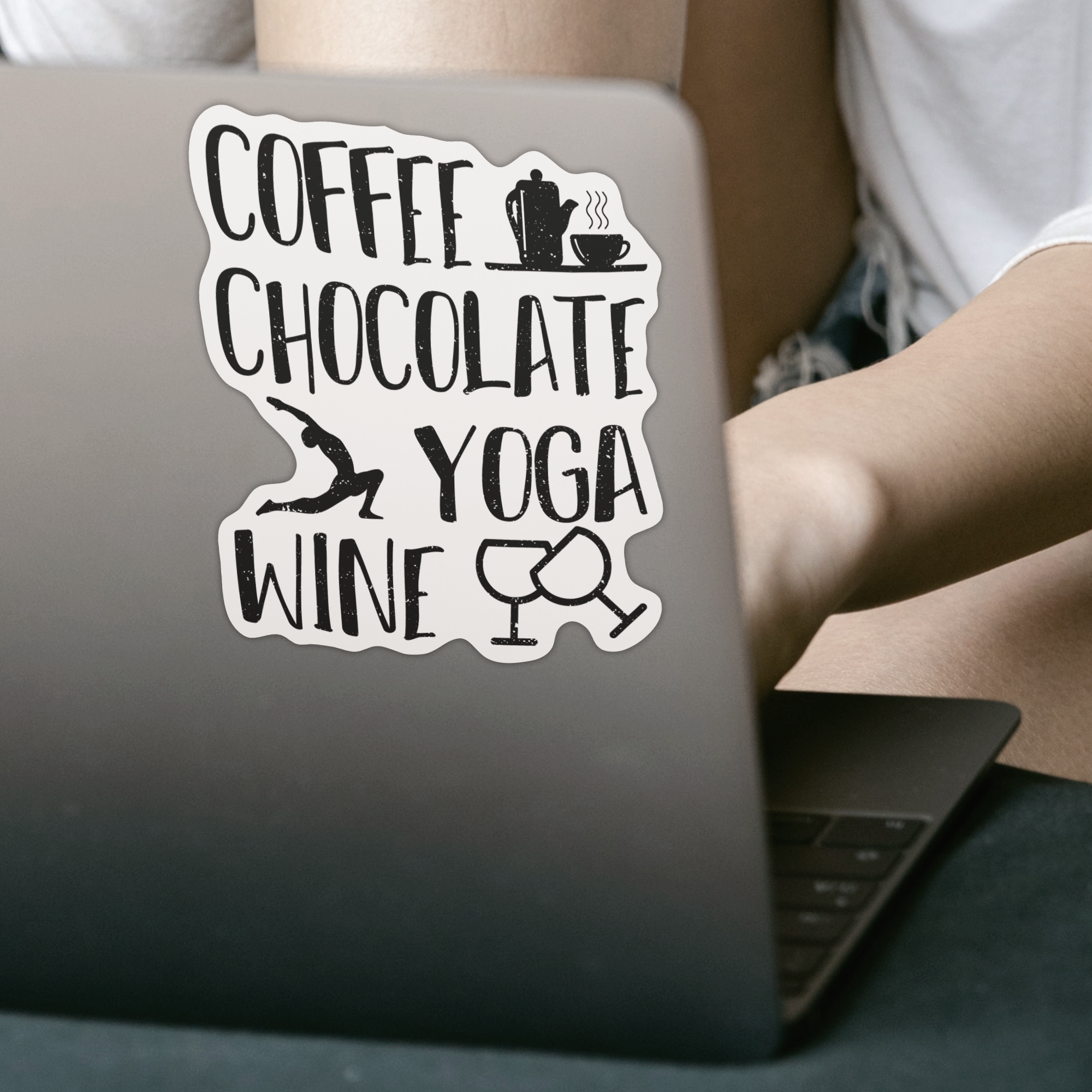 Coffee Chocolate Yoga Wine Sticker - DESIGNSBYJNK5.COM
