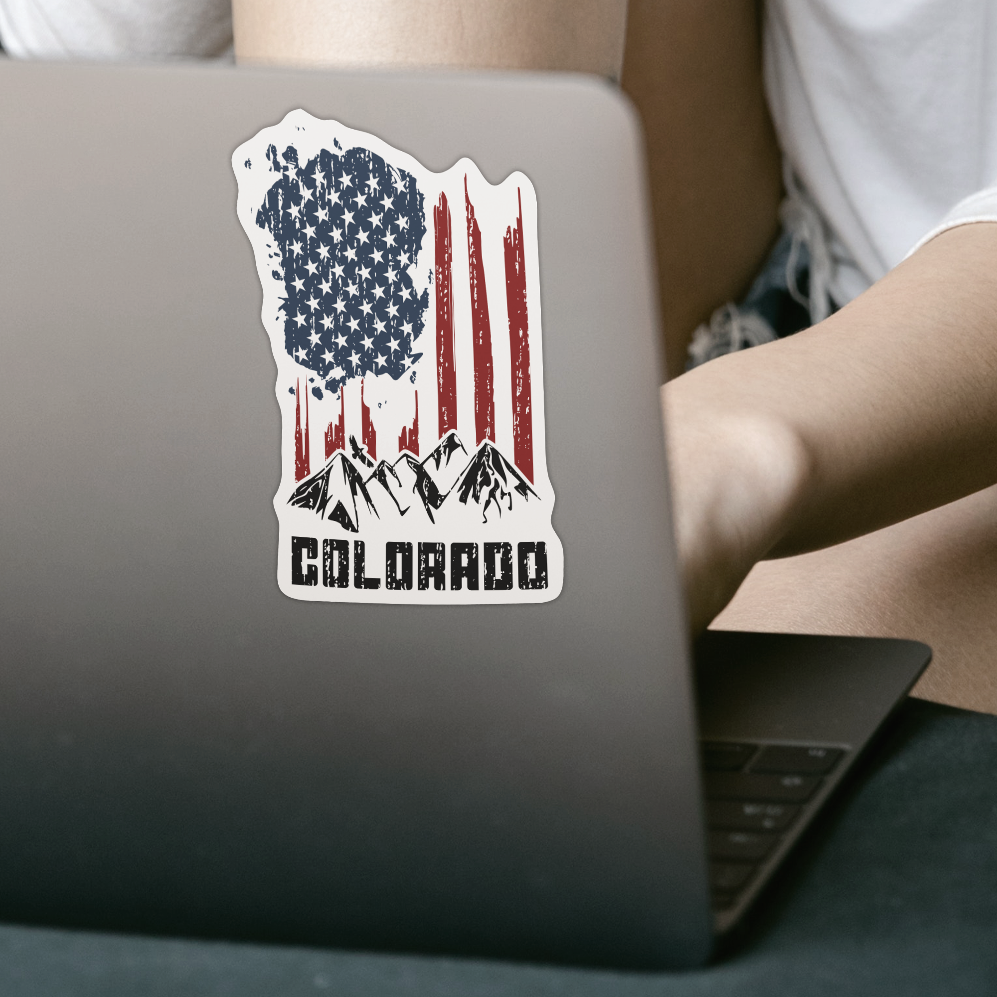 Colorado Mountains US Flag Sticker - DESIGNSBYJNK5.COM