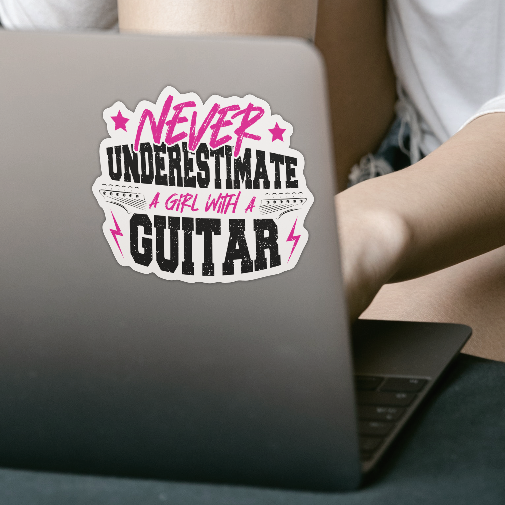 Never Underestimate A Girl With A Guitar Sticker - DESIGNSBYJNK5.COM